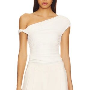 Misha Paison Asymmetrical Off-Shoulder Ruched Top in Ivory (Cream / White)